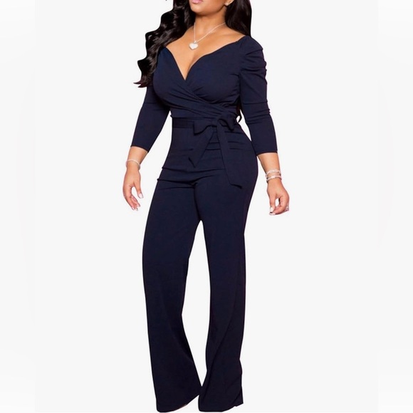 Women's Sexy Wrap Top Wide Leg Long Sleeve Cocktail V Neck Jumpsuit - Picture 1 of 10